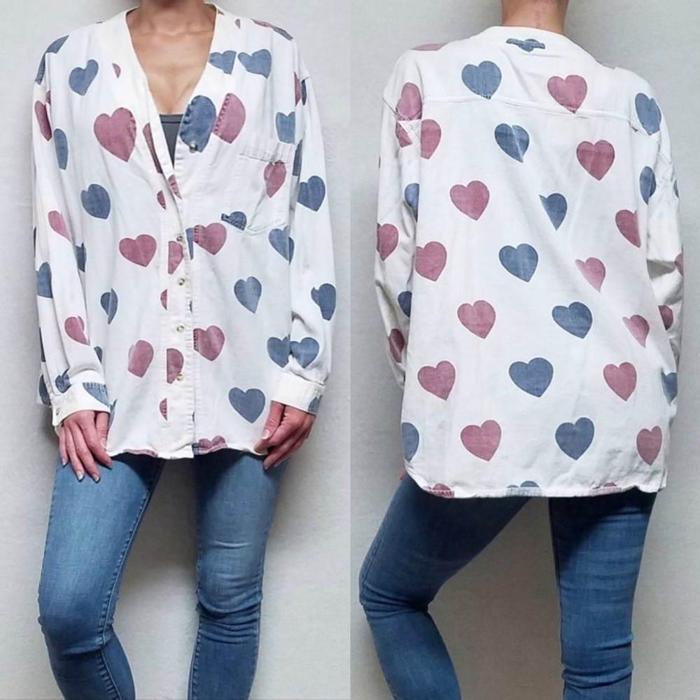 Vintage 80s Carolina Colours 11 White Blue Red Heart Denim V-neck Button Up Top - Picture 1 of 13